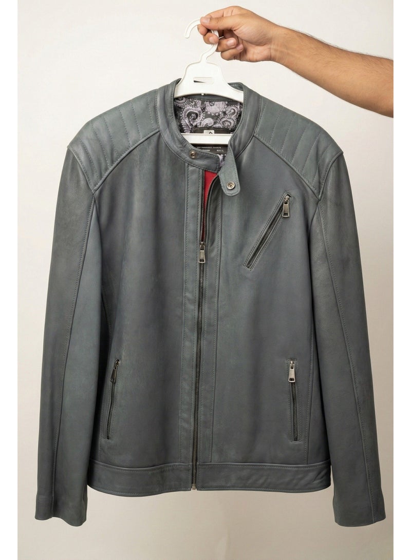 Lezaroty Men’s Leather Jacket Slate Blue Slim Biker Style Quilted Shoulders Stand Collar Front Zipper with Diagonal Chest and Side Zip Pockets - Image 4